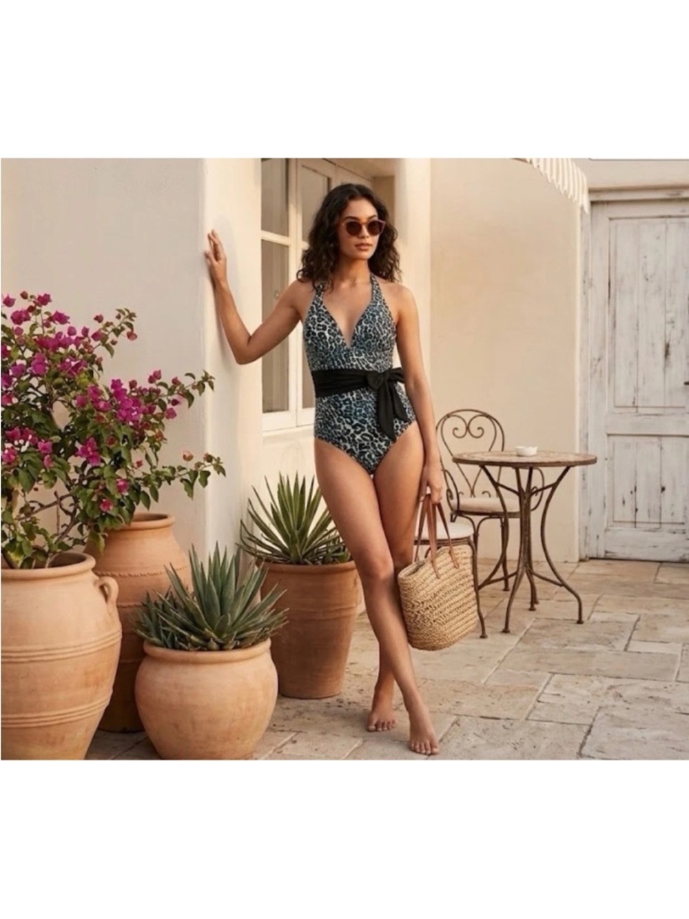 Carmen Marc Valvo Teal Leopard-Print One-Piece Swimsuit with Black Waist Sash 12